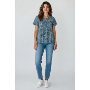 Bloomchic Womens Floral Smocked Blouse Teal Blue Short Sleeve Plus Size 14-16